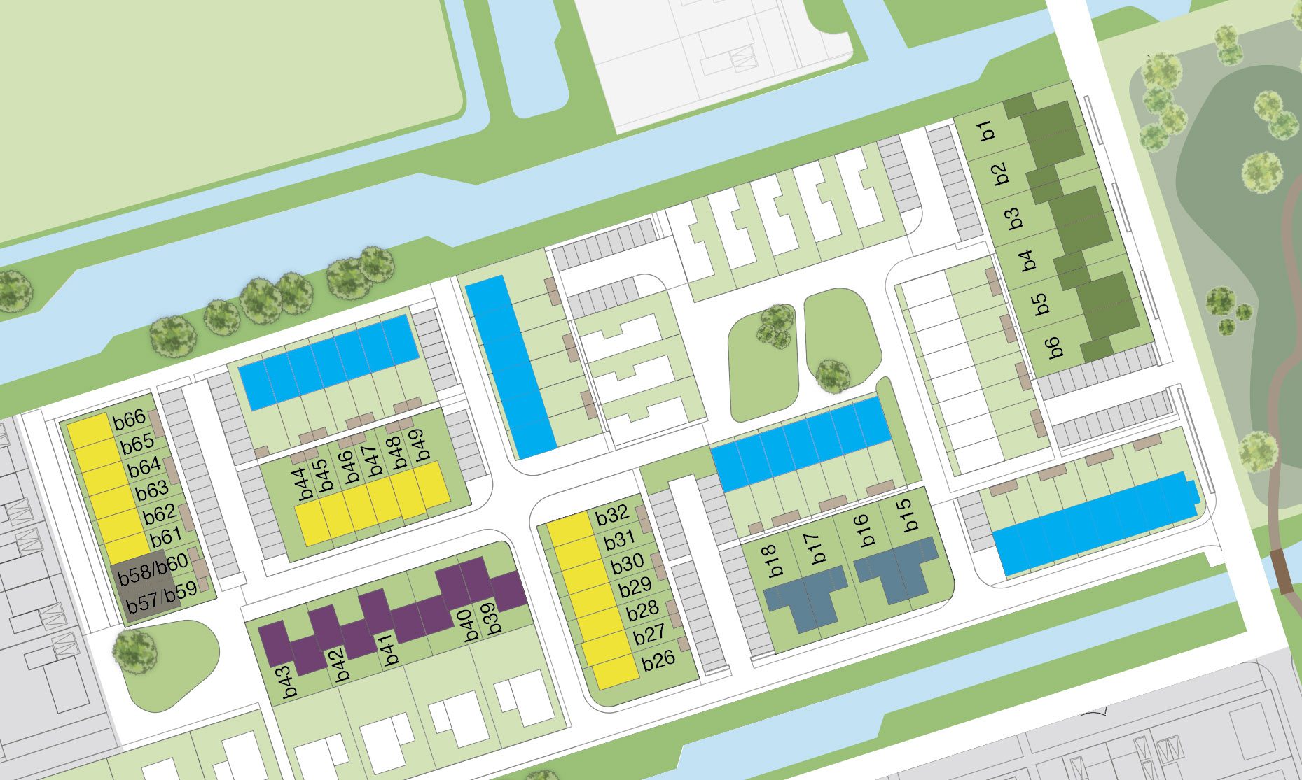 De 66 woningen in Tot Morgen fase 1, waaronder in blauw de 28 huurwoningen voor Woonveste.